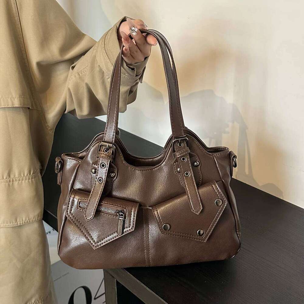 Retro simple solid color fashion trend large capacity tote niche design personality zipper decoration shoulder bag, XJ260130