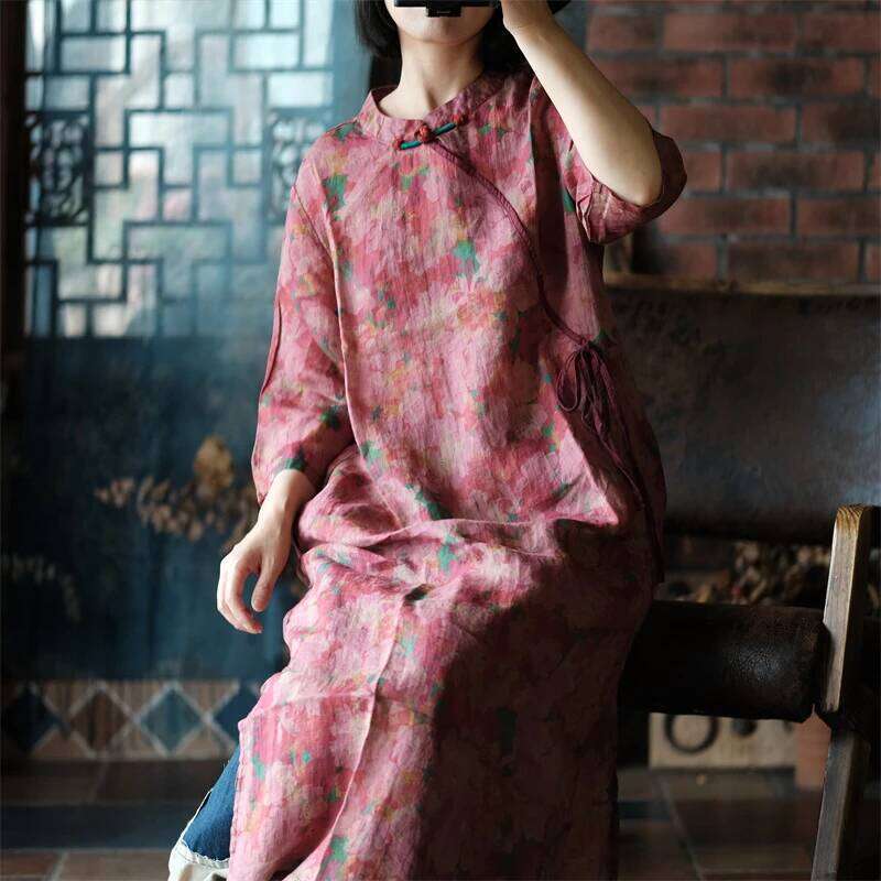 Chinese Style Women Linen Casual Dress New Spring Vintage Mandarin Collar Floral Print Loose Female Long Dresses M1061