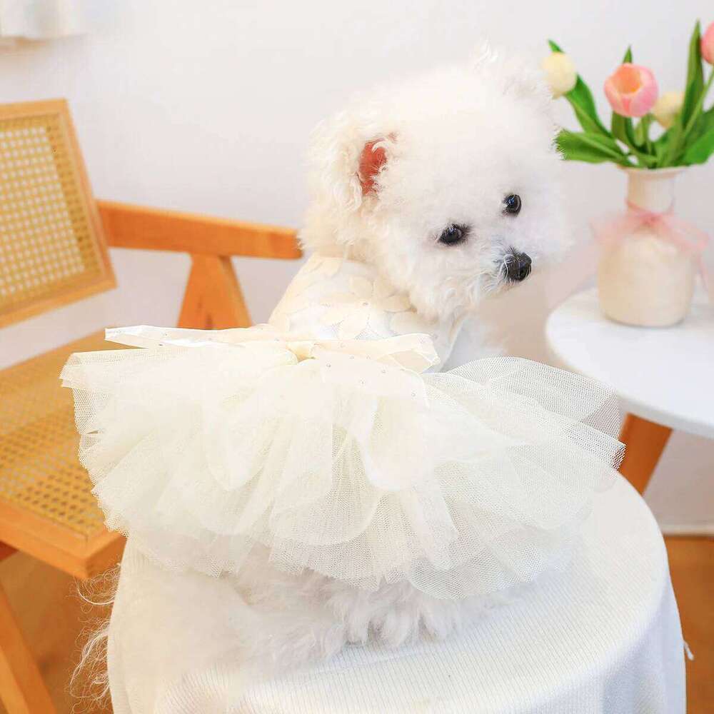 Pet Dog Clothes Summer Haute Couture Wedding Princess Dress Beige Puff Gauze Skirt H260129