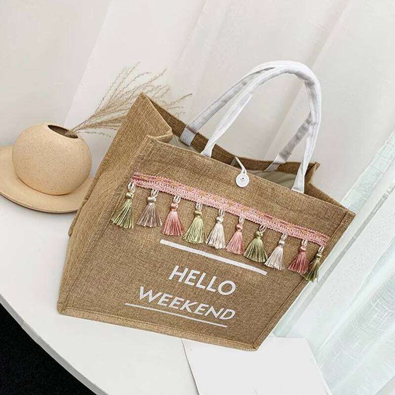 Women Beach Bags Handbags Large Capacity Lady Tassel Shoulder Big Letter Linen Totes Casual Girls Travel Shopping Bag XJ260130