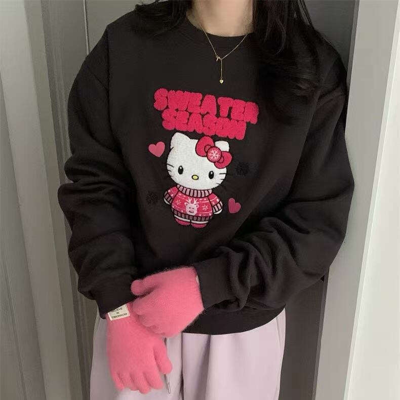 Korean Style Atmosphere Kitty Snowflake Patch Embroidery Fleece Sweatshirt For Women Winter New Loose Versatile Long Sleeve Top