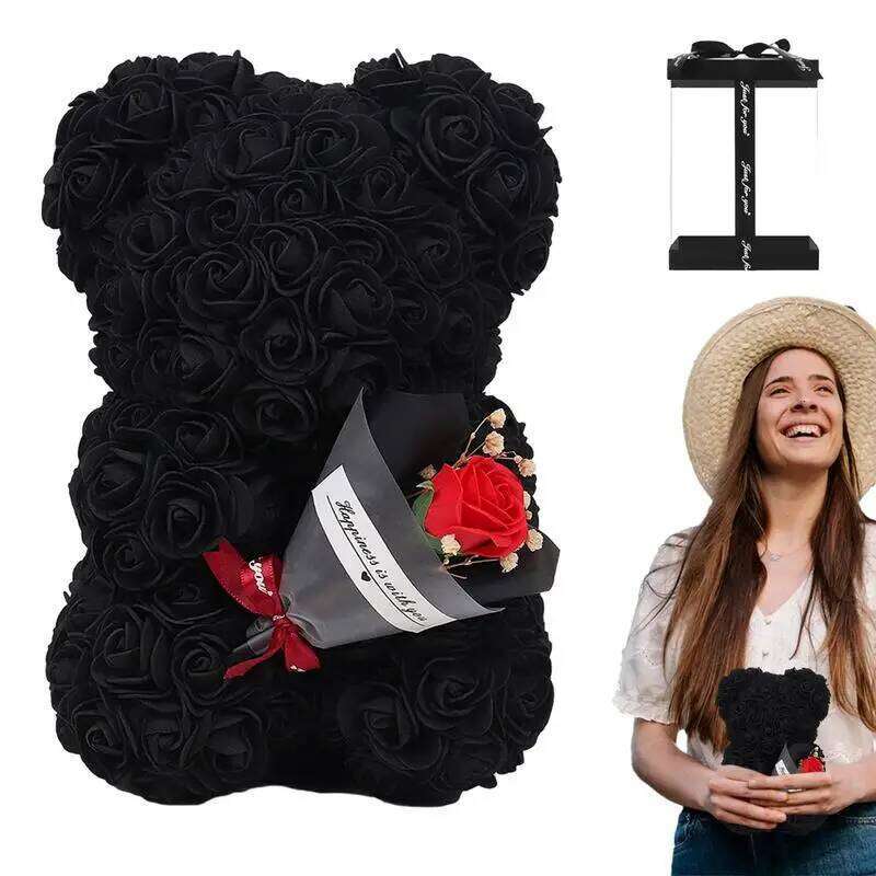 9.45in Cute Artificial Forever Flower Rose With Clear Box Handmade Romantic Decorative Valentines Day Bear Gift Y260131