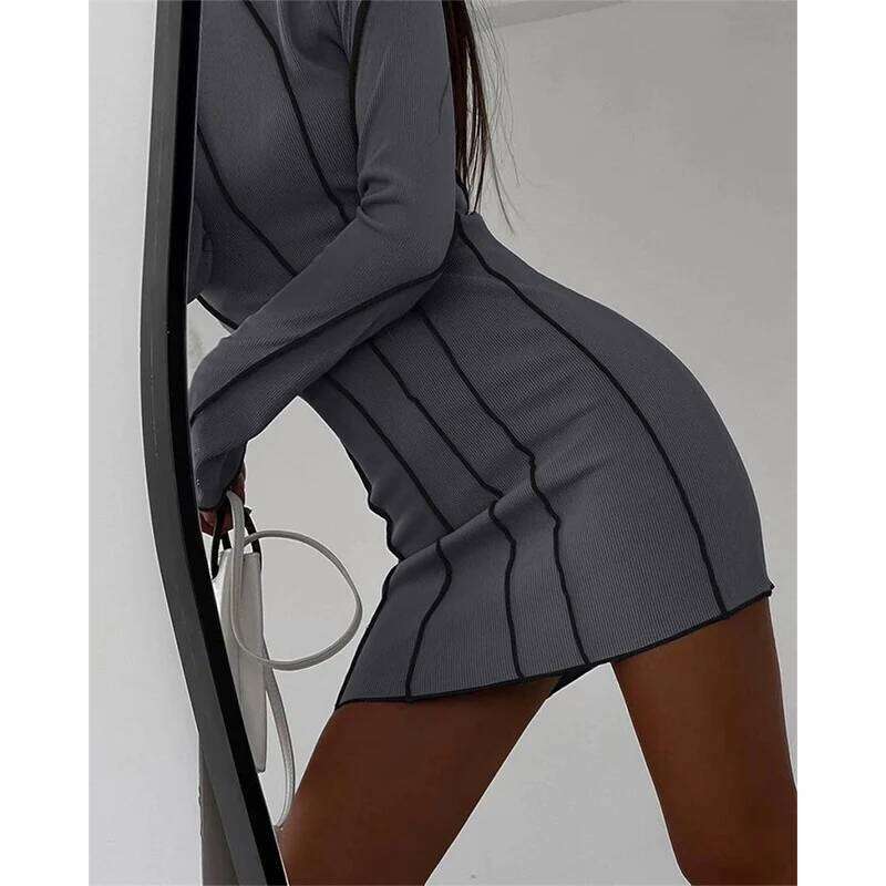 Flare Sleeve Ribbed Bodycon Dress Women Autumn Winter Full Sleeves Sheath Mini Vestidos De Festa Contrast Stripes Sexy Dresses XJ260131