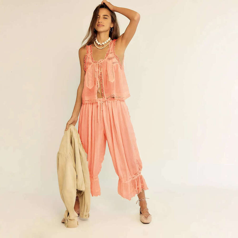 European and American Cross-Border 101.3kg Piece Women's Outfit Nine-Point Pants with Lace Trim Vest Y2K Casual Set