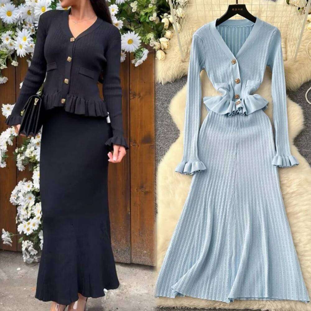 YuooMuoo Brand Fashion One Piece Maxi 2025 Woman Luxury V-neck Rhinestone Slim Waist Ruffled Knitted Dress Party Vestidos XJ260131