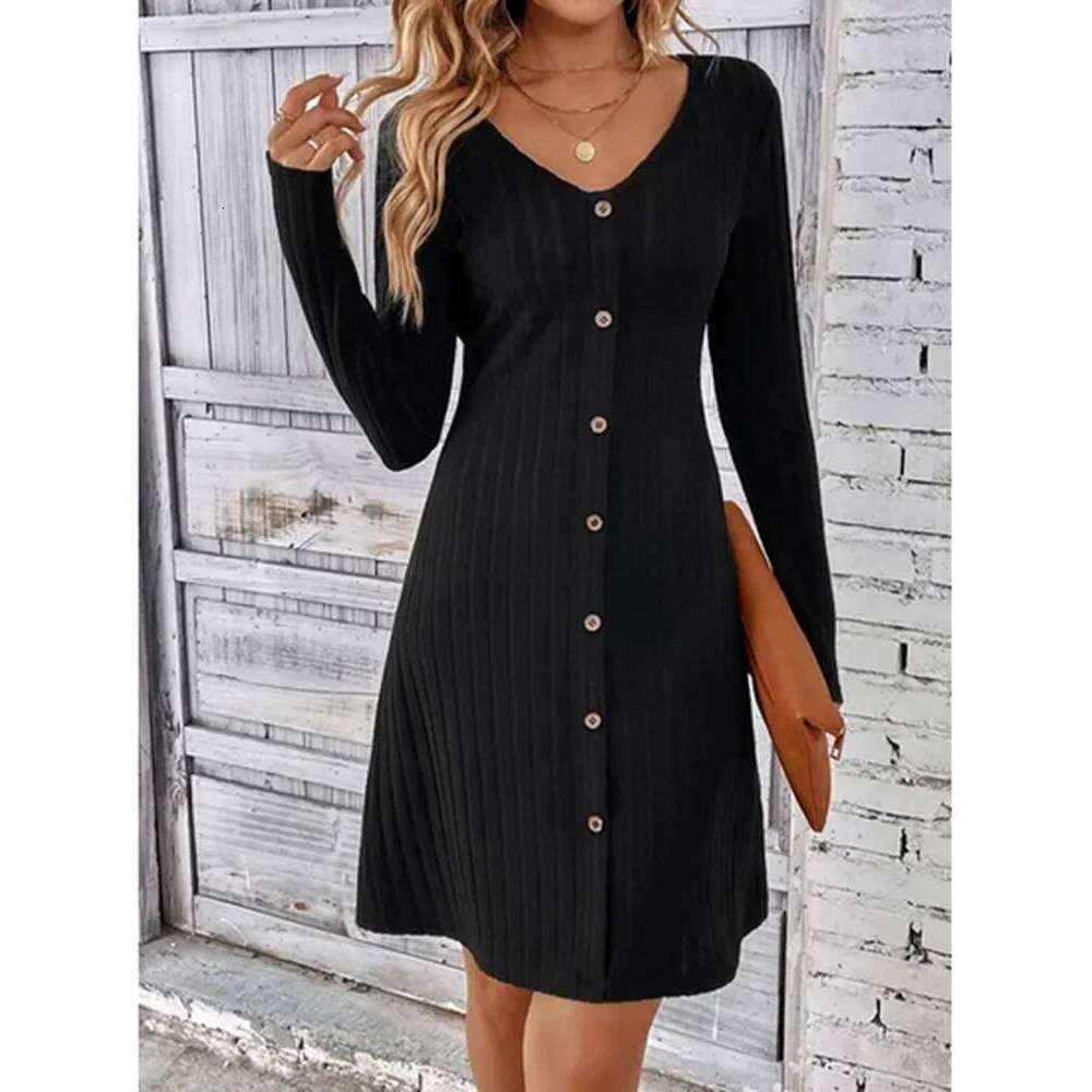 Women's V-Neck Button Dress Monochromatic A-line Casual Comfortable Spring Autumn Trend XJ260131