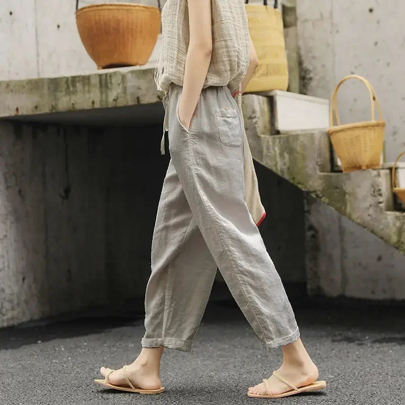 2024 UZZDSs Summer Cotton Linen Loose Pocket Elastic Waist Wideleg Retro Literary Casual Ninth Pants Suit 260120