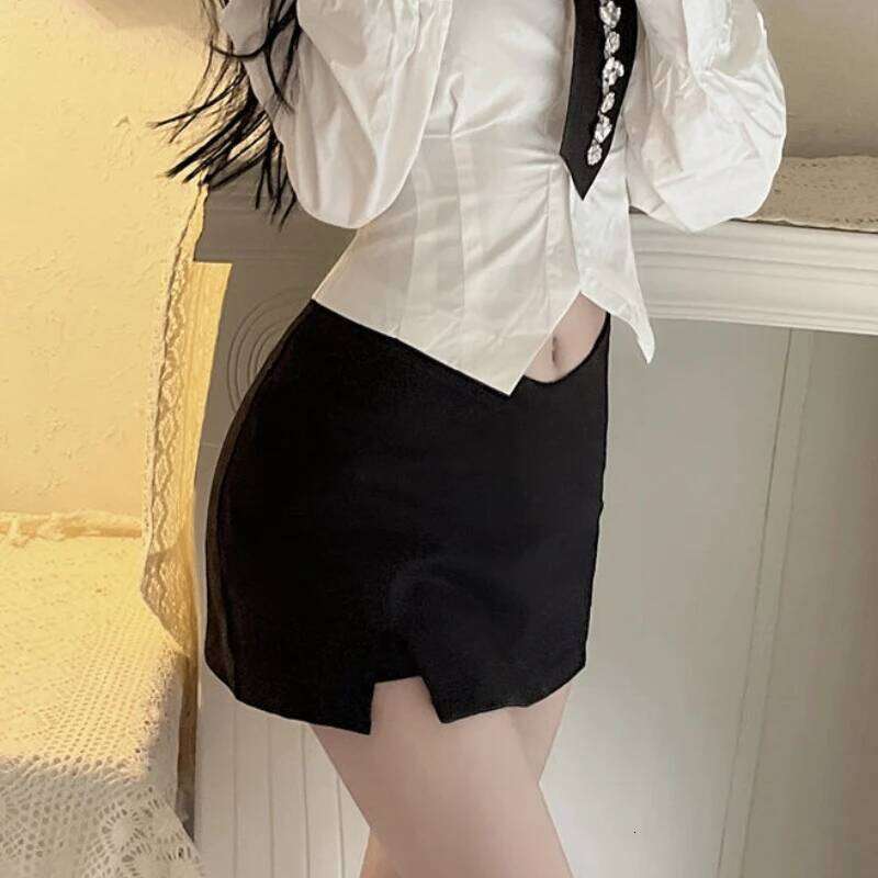 S-4XL Black Mini Skirts Women Sexy Side Slit Slim A-line High Waist Hot Girls Sweet American Streetwear All-match XJ260131