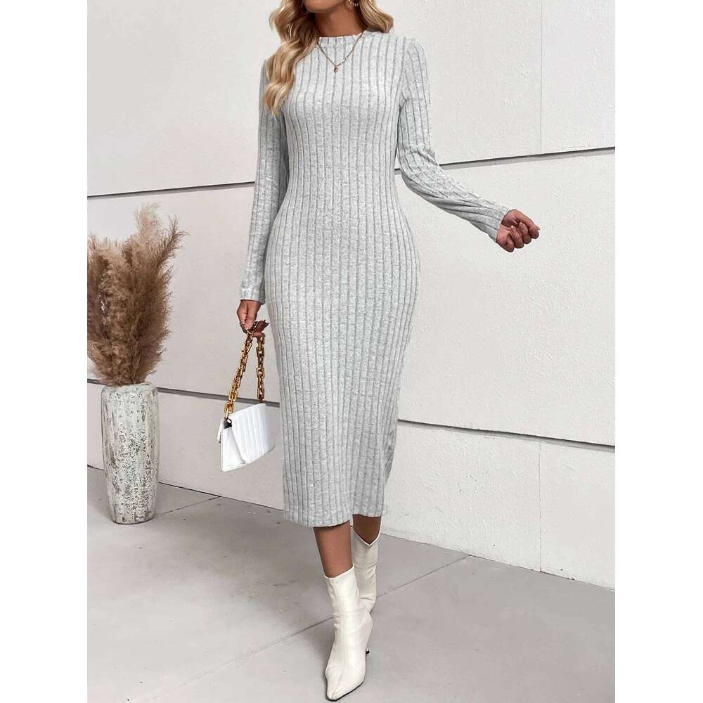 Cross border European American women's spring autumn knitted tight and sexy buttocks wrapped mid length dress XJ260131