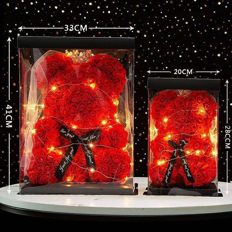 Artificial Flowers 25cm Rose Bear With Crown Light Valentines Day Gift Box Girlfriend Anniversary Wedding Dedcor Y260131
