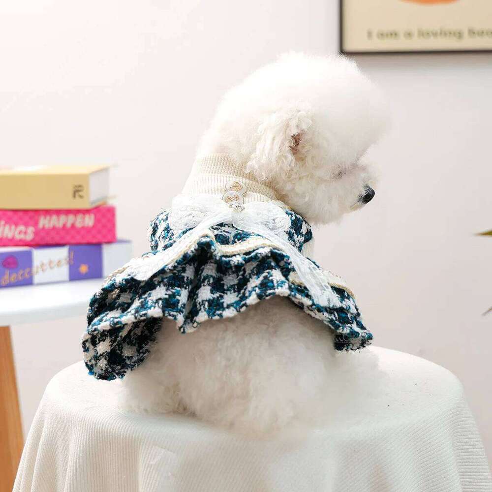 Autumn Winter New Pet Clothes & Cat Warm Comfortable Houndstooth Dress With Bowknot Princess Clothe For Small Dog H260129