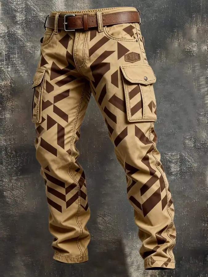 Men's Punk Rock Denim Cargo Pants, Vintage Print & Distressed Workwear Style, Relaxed Straight Leg Jeans