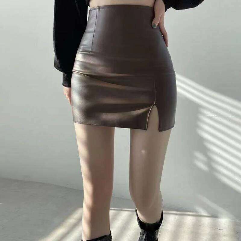 Xpqbb Balck PU Leather Mini Women Sexy Skinny High Waist Side Split Hip Skirts Autumn New Korean Office Lady Short Skirt XJ260131
