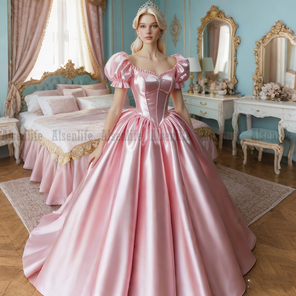 Customized Pink Gothic Evening Gown A Line Satin Renaissance Inspired Prom Dresses Costume Party Gowns