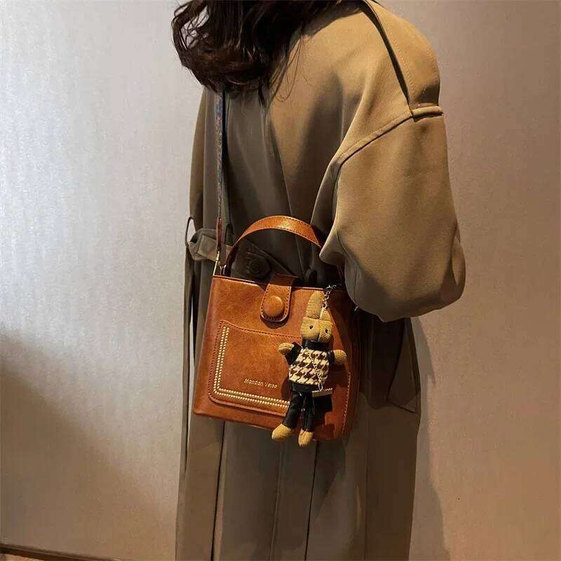 Vintage Simple Small PU Leather Bucket Crossbody Bag for Women 2023 Designer Fashion Lady Luxury Black Shoulder Handbag