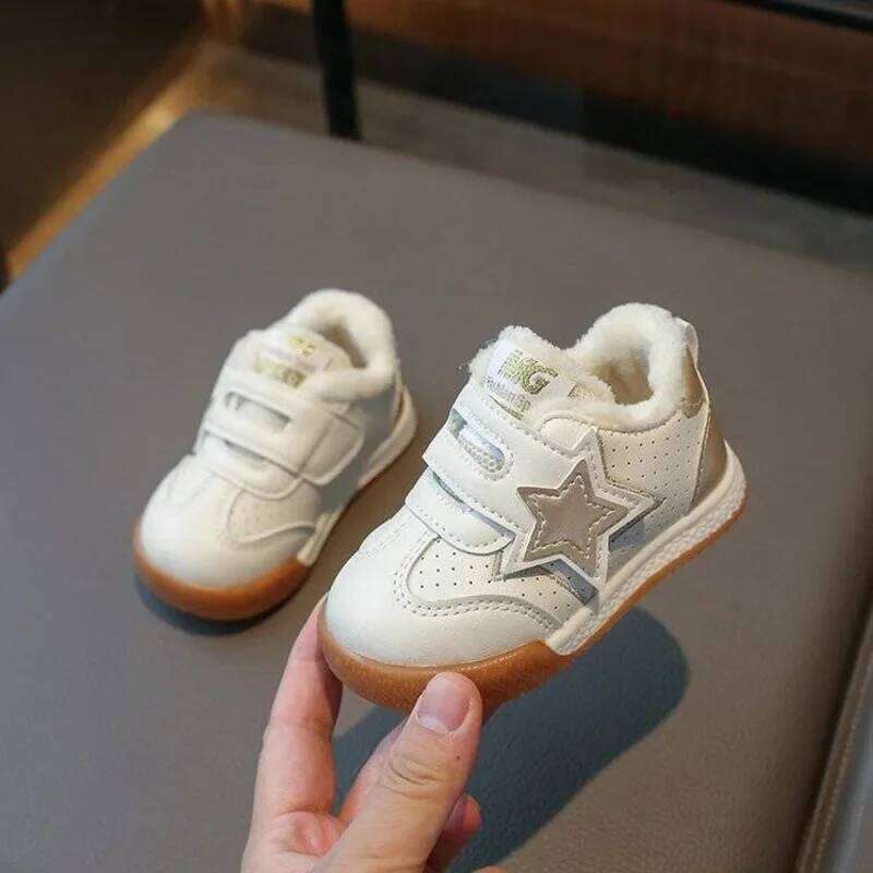 Winter Plush Warm Baby Boys Girls Casual Star PU Hook Loop Children Sneakers White Soft Anti Slip Toddler Kids Sport Shoes Y260128