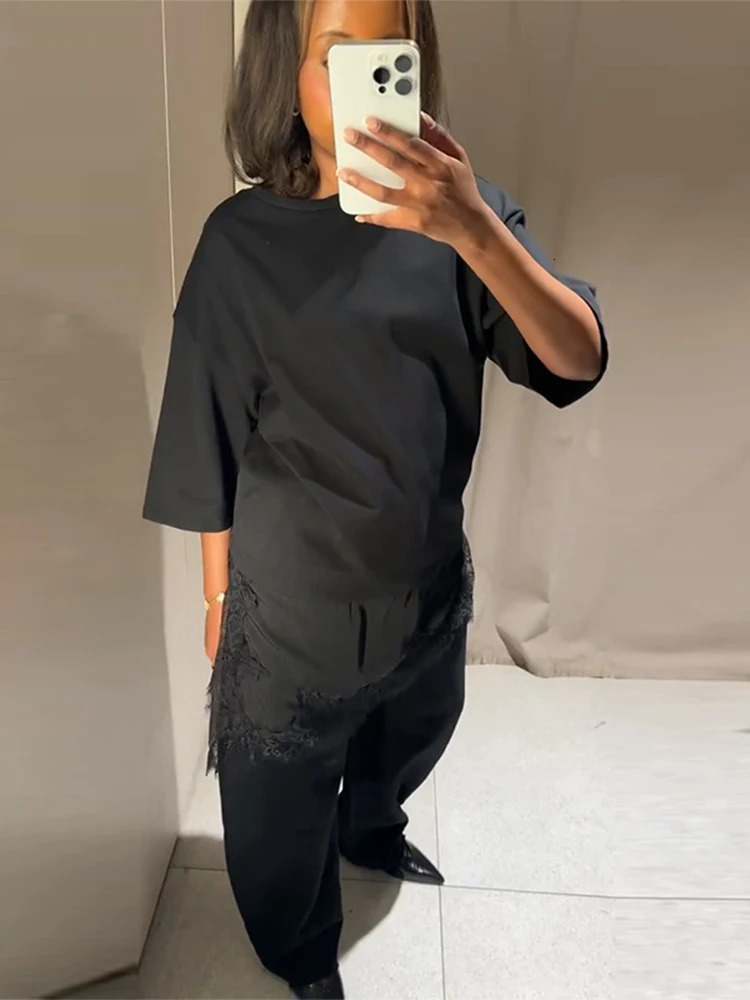 Lace Spliced Irregular Top Women Loose O-neck Half Sleeve White Black T-shirts Female 2026 Fashion Lady All-match Chic Tops 260120