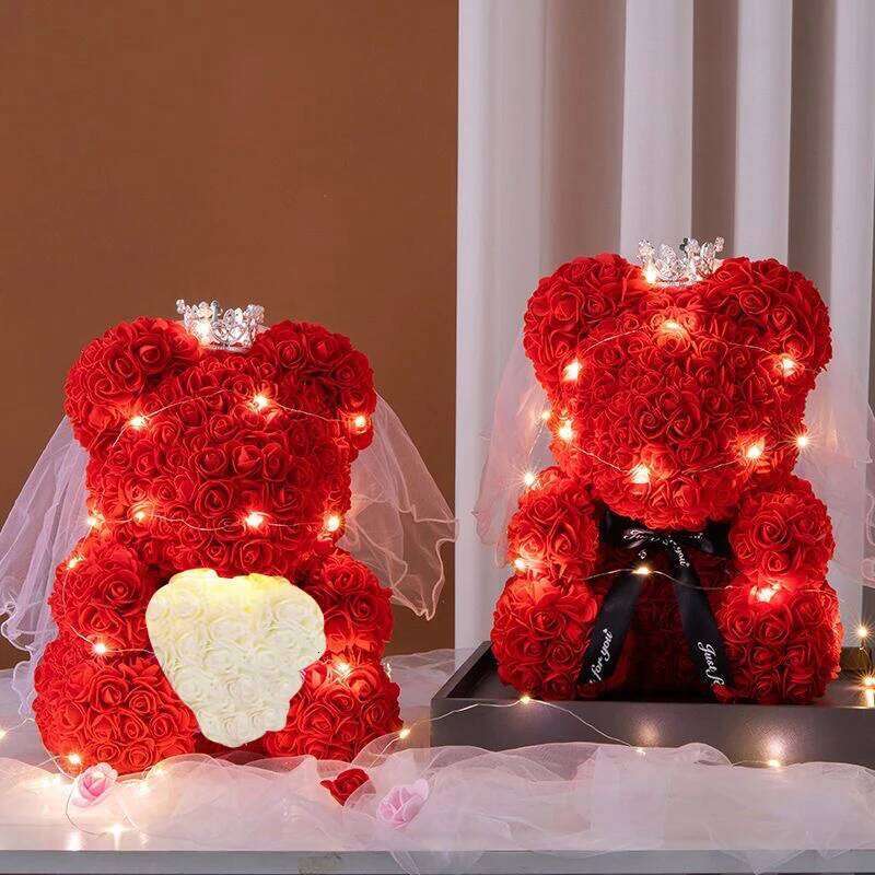 Artificial Flowers 25cm Rose Bear With Crown Light Valentines Day Gift Box Girlfriend Anniversary Wedding Dedcor Y260131