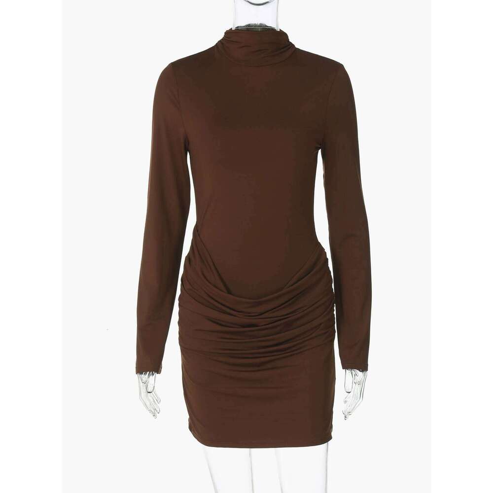 Hugcitar Elegant Turleneck Long Sleeve Ruched Sexy Bodycon Mini Dress Autumn Women Clothes Streetwear Party Festival XJ260131