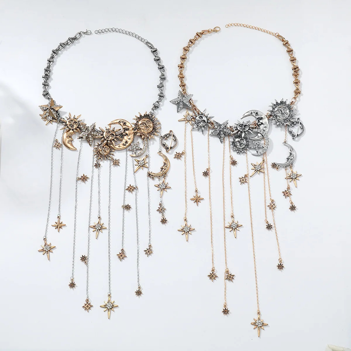 Exaggerated Multilayered Tassel Pendant Necklace with Moon Star Sun and Full Diamond n for Women in Boho Style 260128