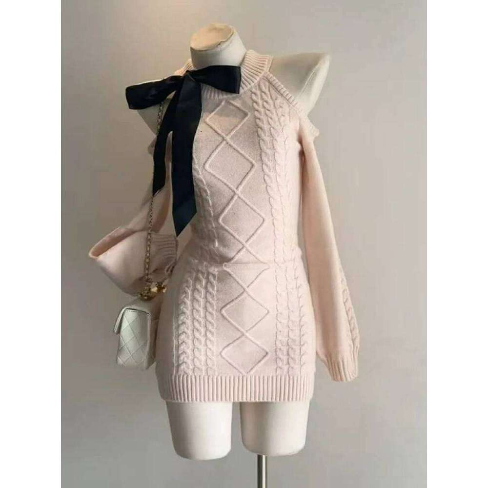 Winter Korean Vintage Solid Sexy Bodycon Knitted Women Elegant Fashion Short Party Harajuku Y2k Bow Mini Dress New XJ260131