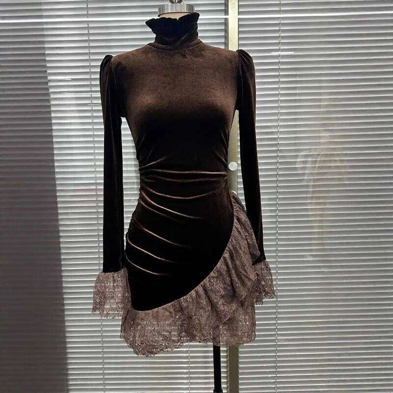 Elegant Turtleneck Solid Velvet Evening Woman Sexy Patchwork Lace Slim Mini Autumn Flare Long Sleeve Lady Hips Dress