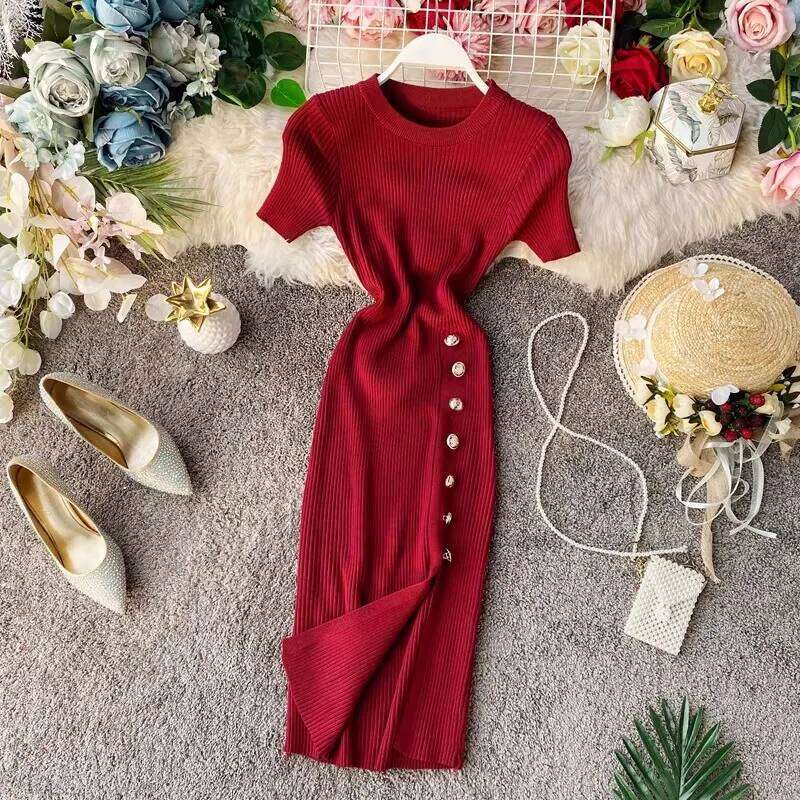 YuooMuoo Women European and American Fashion Short Sleeve Slimming Side Slit Knitted Mini Dress Streetwear Lady Outfits XJ260131