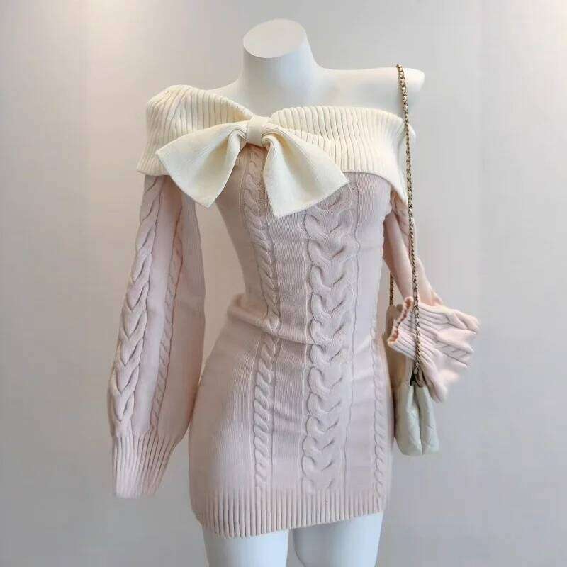Winter Korean Vintage Solid Sexy Bodycon Knitted Women Elegant Fashion Short Party Harajuku Y2k Bow Mini Dress New XJ260131