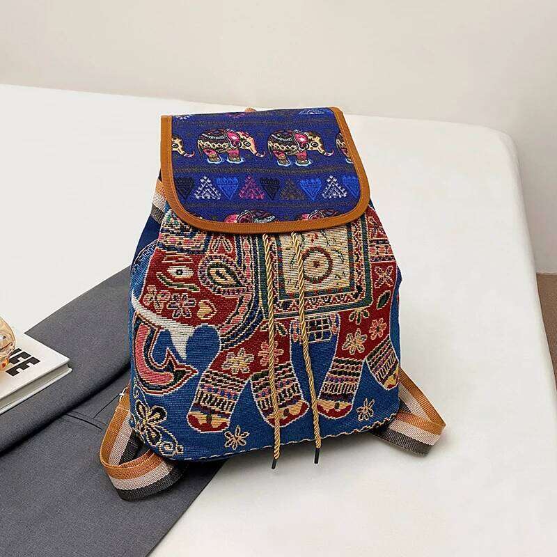Ethnic style embroidery jacquard canvas women's double shoulder bag with academic style, large capacity, drawstring closure and