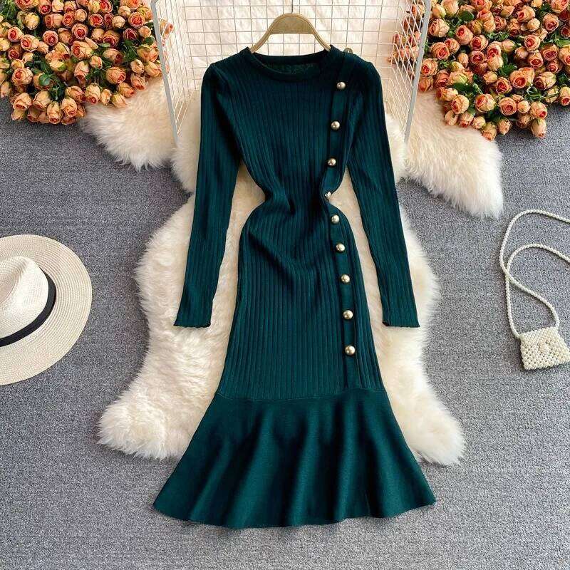 YuooMuoo Brand Fashion Long Sleeve Knitted Mermaid 2025 New Elegant Buttons Rib Sweater Dress Lady Bodycon Party Vestidos XJ260131