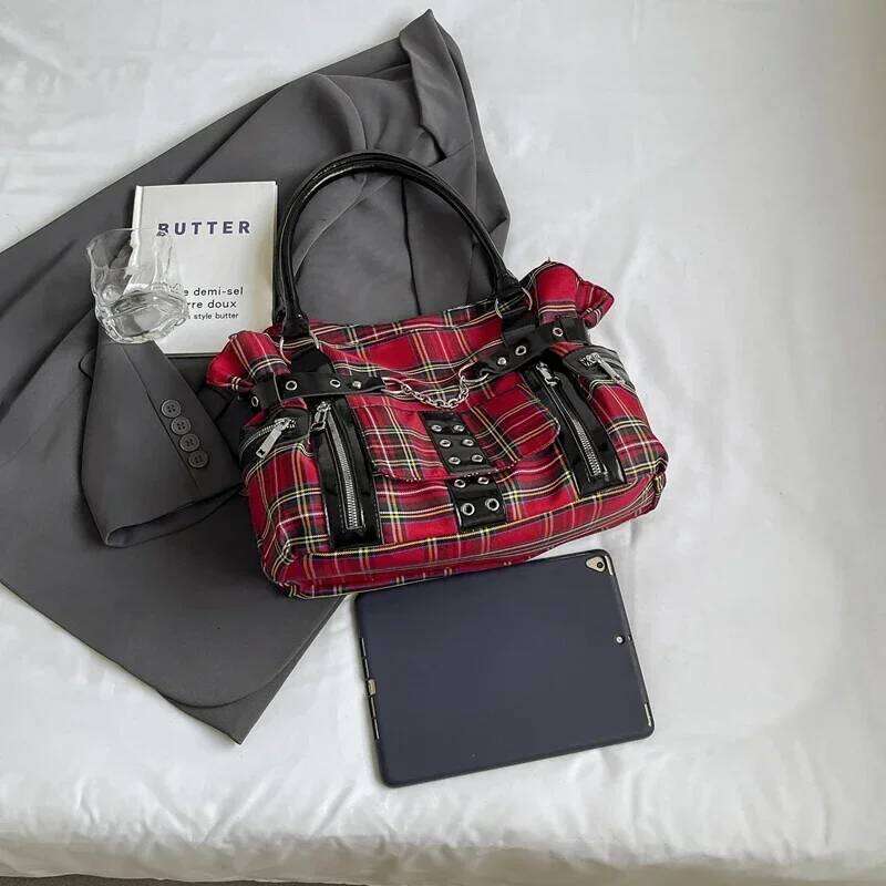 Fashion Trend Grid Gothic Punk Large Capacity Tote Bag2025Canvas Casual Commuter Versatile Shoulder Bag Bolsa De Un Hombro Mujer XJ260130