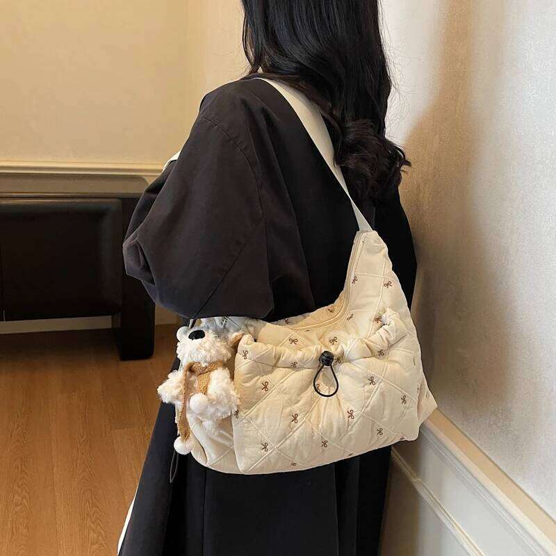 2025 Winter New Bow Quilted Fashionable Versatile Large Capacity Shoulder Crossbody Cotton Bag 8825MT XJ260131