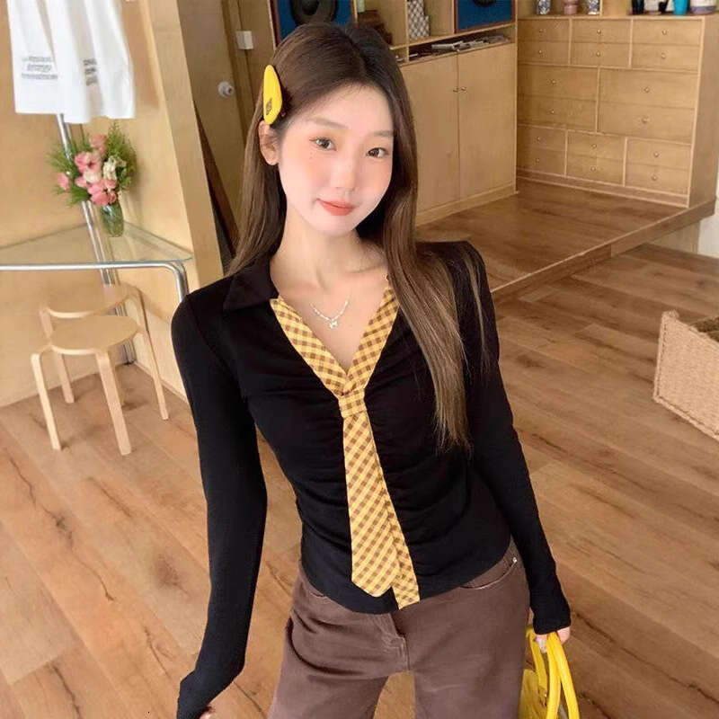 Black Polo Collar Inner Layer Base Shirt For Women Autumn Korean Style Slim Fit Slimming Design Long Sleeve T-Shirt Top
