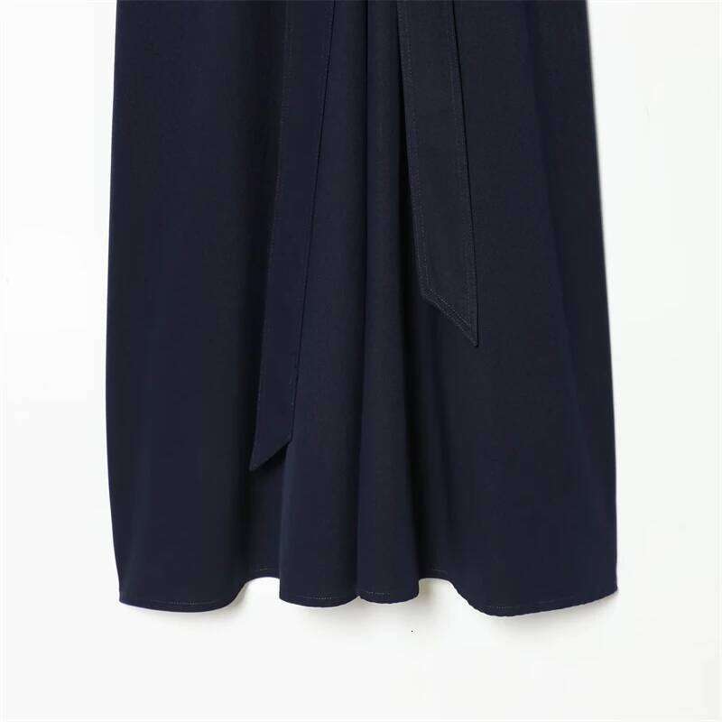 Women's Short-Sleeve Formal Navy Blue Belted Mid-Length Dress, Suitable for Office, Business, and Casual Events XJ260131