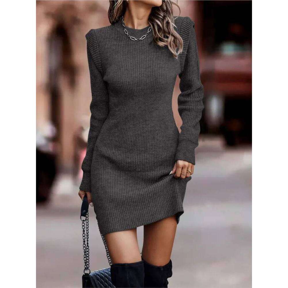 Autumn And Winter Round-neck Long-sleeved Hip-wrapped Sweater Women's Commuting Temperament Slim Comfortable Casual Dress XJ260131