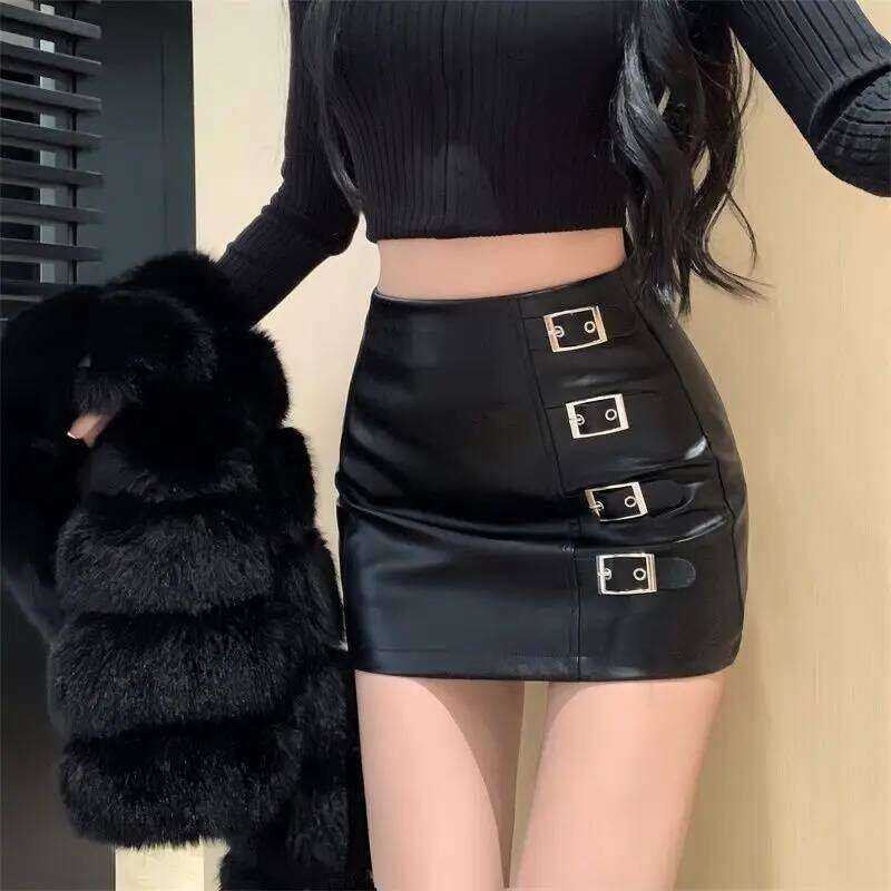 Black Mini Pu Leather Skirt Women Korean Fashion High-Waisted Elasticity Punk Style Bodycon Goth Sexy Skirts Female XJ260131
