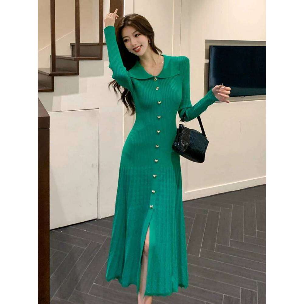 Women Clothes Knitted Lapel Single Breasted Skinny Fishtail Long Dress Sweater Casual Stretchy Robe Mujer Vestidos Autumn Winter XJ260131