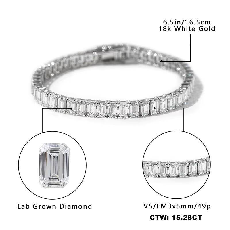 Emerald 3x5mm Lab Diamond 4 Prong Bracelet DEF VVS VS Loose Lab Created Diamond 165CM 18K White Solid Gold Diamond Tennis Chain