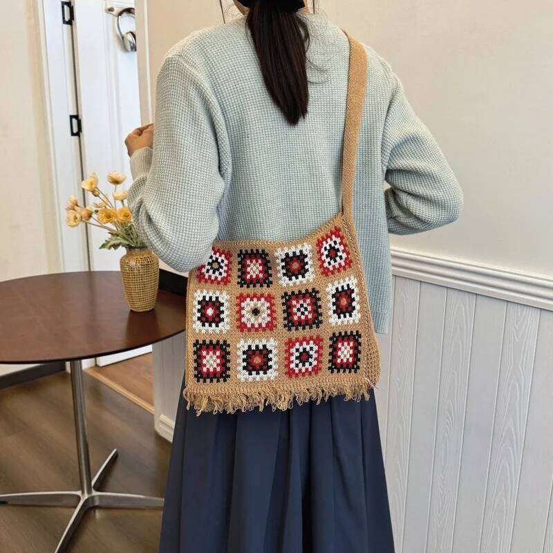 Stylish Tote Large Capacity Space-Saving Women Cut-out Knitted Handbag Casual Crochet Shopping Bag XJ260130