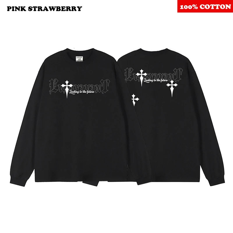 Oversize Street Letter Print T-shirt Men Autumn 100Cotton Round neck White Long sleeved Tee Loose Y2k Top men clothing 260118