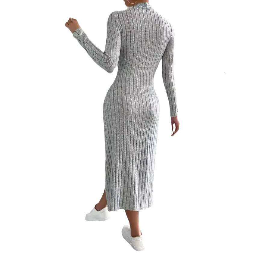 Women's 2024 autumn new casual mid length dress, European and American slim fit solid color knitted long sleeved dress XJ260131