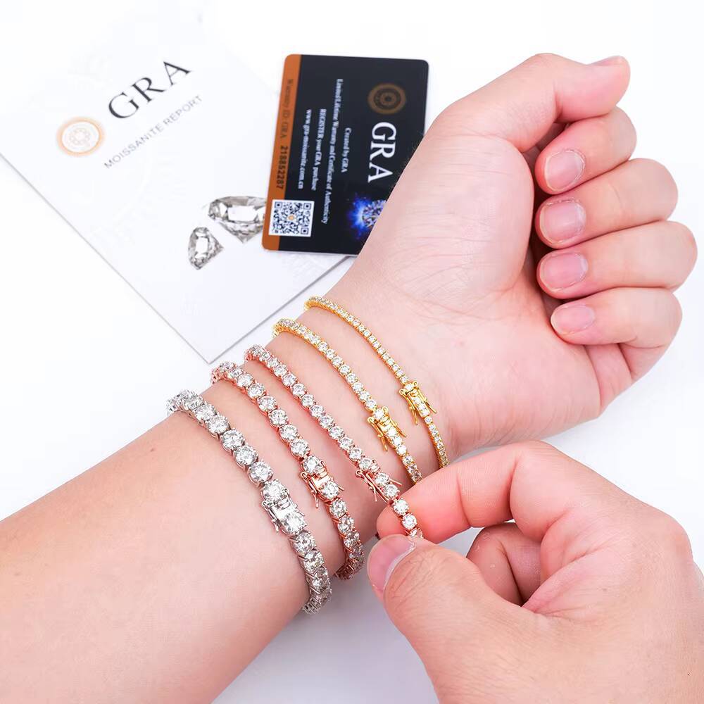 Wuzhou Factory Price S925 Silver Hip Hop Jewelry GRA VVS Moissanite Cuban Link 3mm Tennis Chain Bracelets Bangles