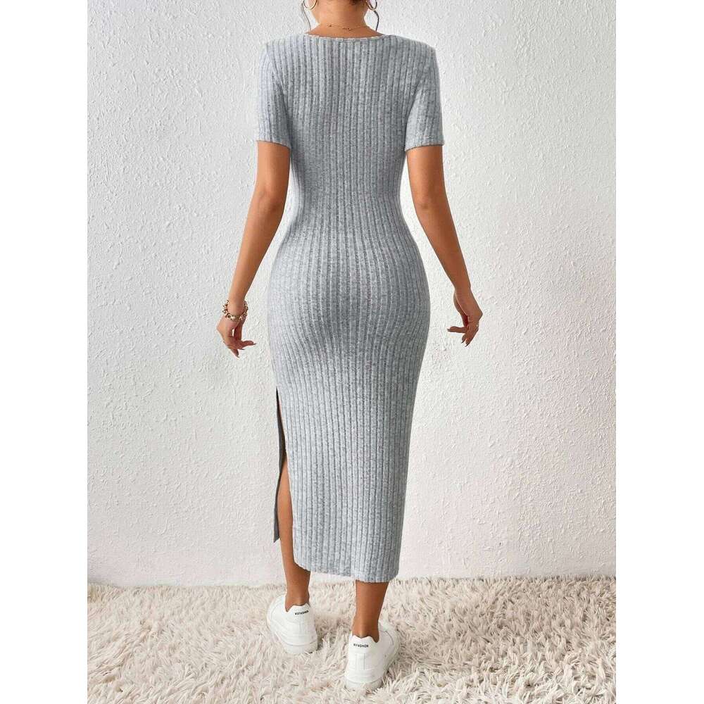 Summer Square Neck, Hip-Hugging Mid-Length Skirt, Short-Sleeved, Versatile Knitted Slit Dress XJ260131