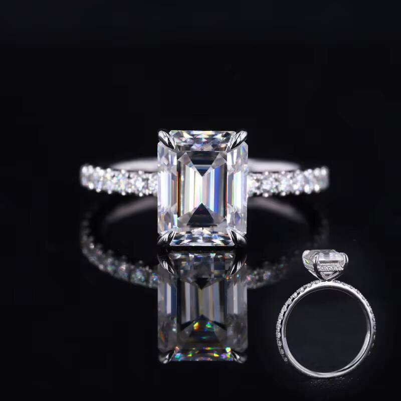 Starsgem 14k White Solid Gold Lab Grown Diamond halo 9x7mm Emerald Cut Moissanite Engagement Ring