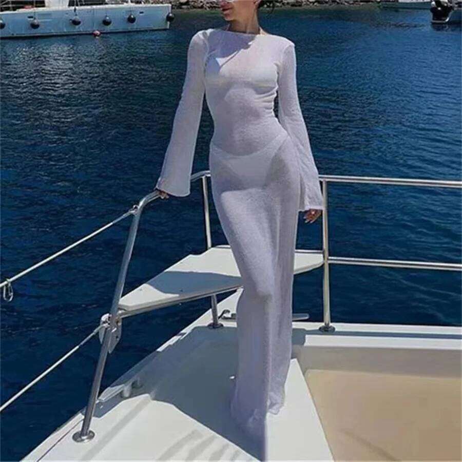 Women Summer Mesh Wrapped Sleeve Round Neck See Through Sunscreen Solid Color Backless Beach Long Dress XJ260131