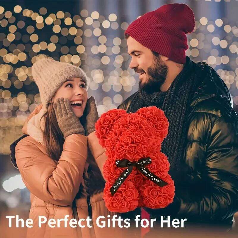 Artificial Rose Bear Bouquet - Mini Red Roses with Black Bow, Perfect Proposal or Gift for Girlfriend, Valentine'S Day Y260131