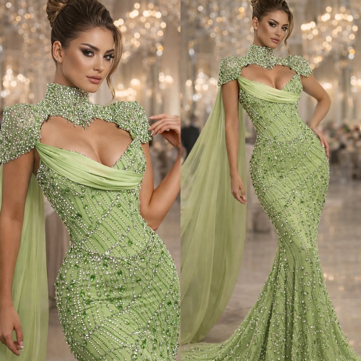 Exquisite Crystal Beading Evening Dresses Strapless Prom Dress with Cape Princess Slim Fit Mermaid Party Gowns Vestidos De Noche Plus Size