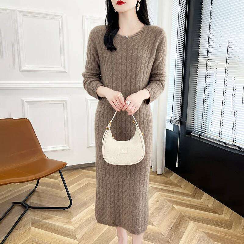 Autumn And Winter New 100% Wool Dress Women's Round Neck Long Twist Loose Knee Cashmere Skirt XJ260131