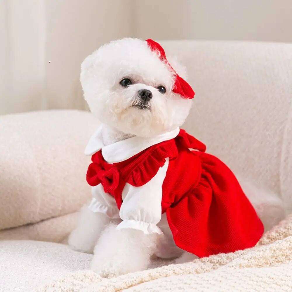 Comfortable Pleated Corduroy Sweet New Year Christmas Bow Dog Skirt Cute Elegant Pet Costume Fall Winter H260129