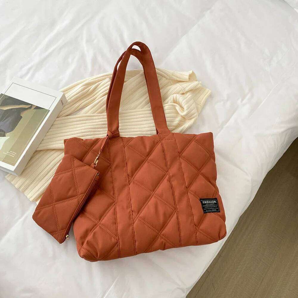 Women Handbag Fall Winter Fashion Rhombus Space Cotton Suit Shoulder Large Capacity Solid Color All-Match Shopping Tote Bag